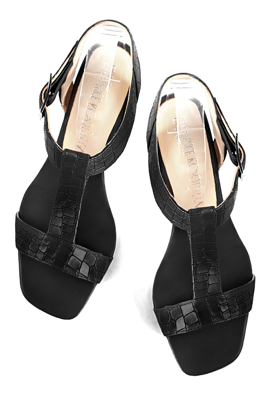 Satin black women's fully open sandals, with an instep strap. Square toe. Medium comma heels. Top view - Florence KOOIJMAN